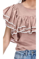 beige brown tan top with layers of gathered frills white trim ric rac