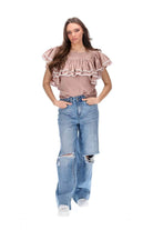 beige brown tan top with layers of gathered frills white trim ric rac