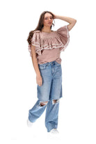 beige brown tan top with layers of gathered frills white trim ric rac