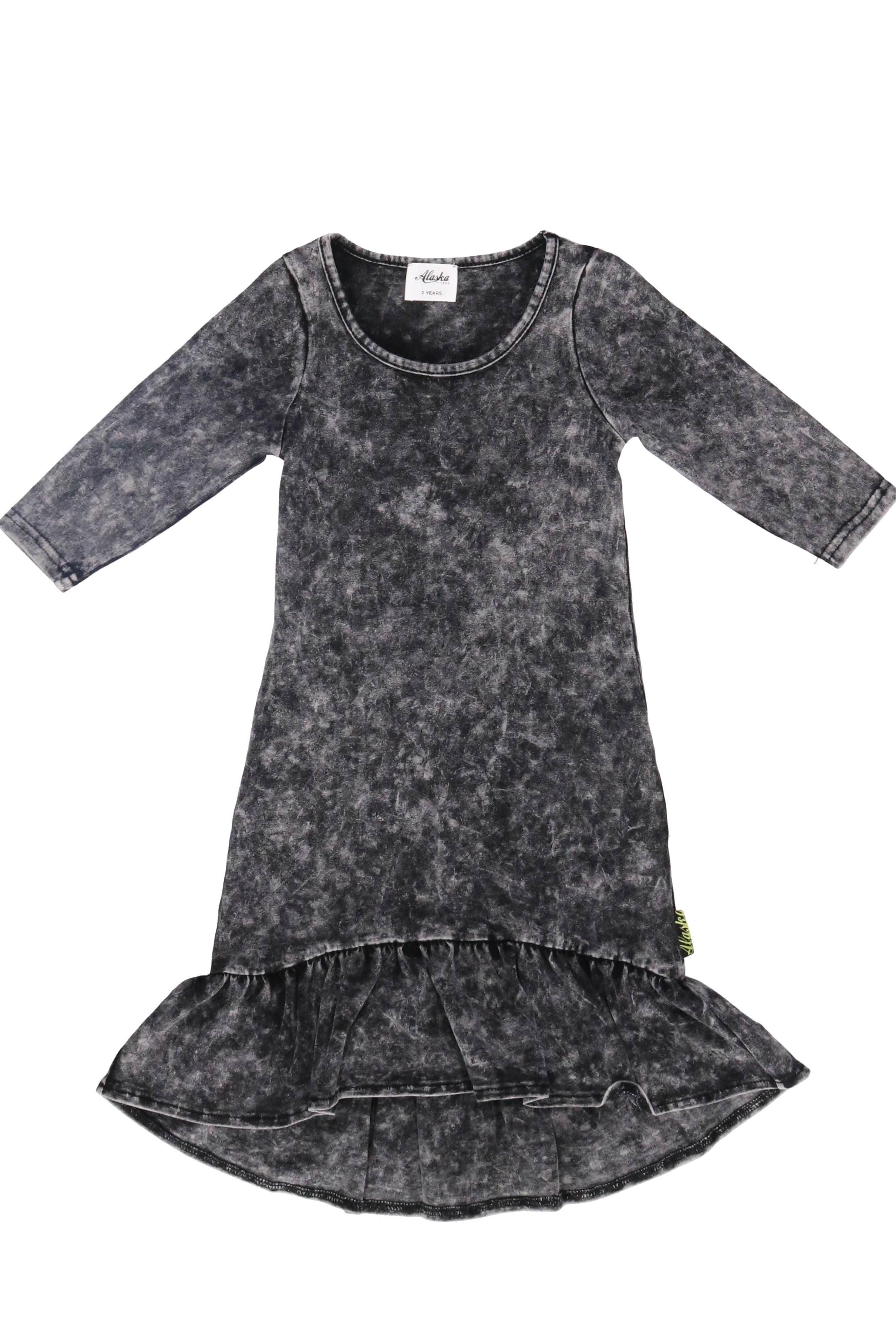 long sleeve frill hem kids dress stonewash