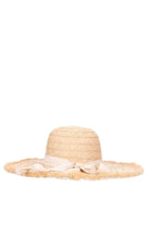 tan woven summer hat with white bow