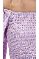 lilac gingham print midi dress shirred bodice.