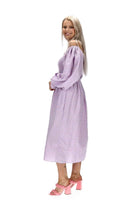 lilac gingham print midi dress shirred bodice.