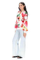 A white pink floral print hoodie ribbing cropped