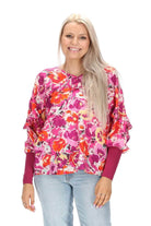 pink floral print V neck top ribbing