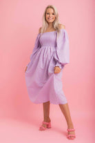 lilac gingham print midi dress shirred bodice.