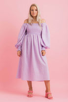 lilac gingham print midi dress shirred bodice.