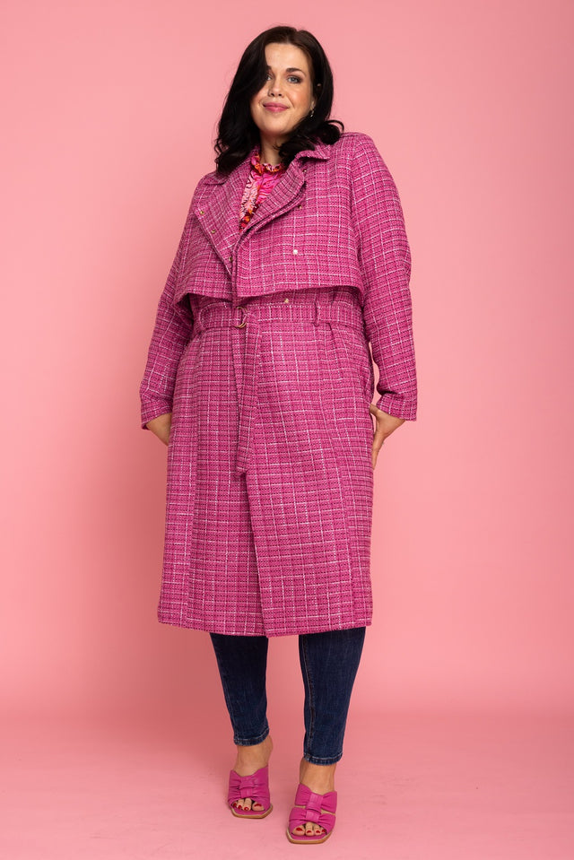 dark pink tweed trench long coat