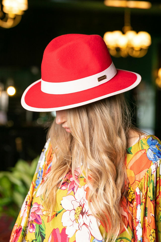 red wool fedora with pink trim