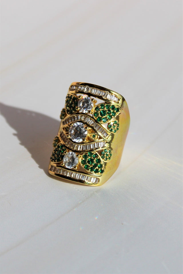 gold statement clear and green zironia stone cuff ring