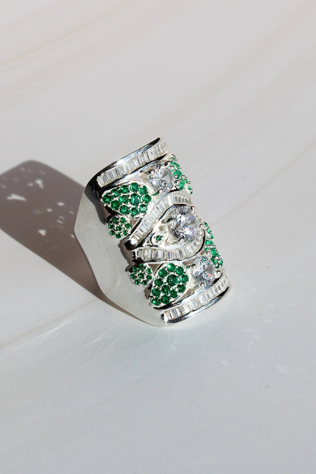 silver statement clear and green zironia stone cuff ring