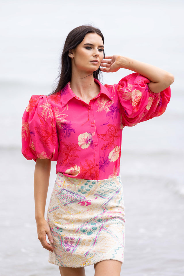 hot pink floral blouse