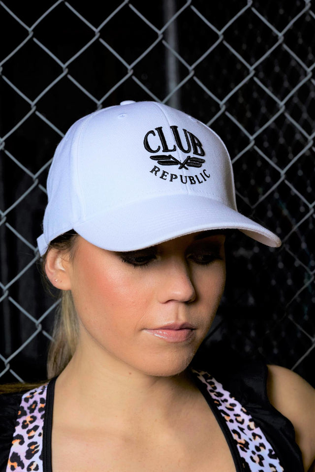 white sports cap with black logo