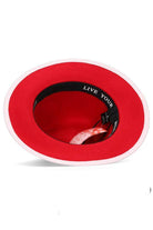 red wool fedora with pink trim