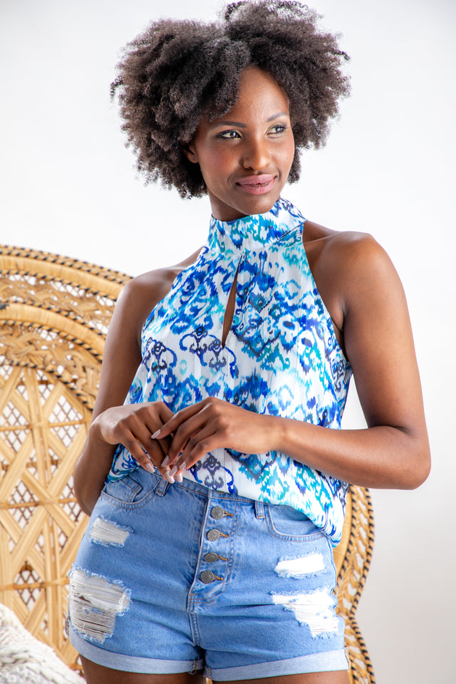 halter neck top blue abstract print