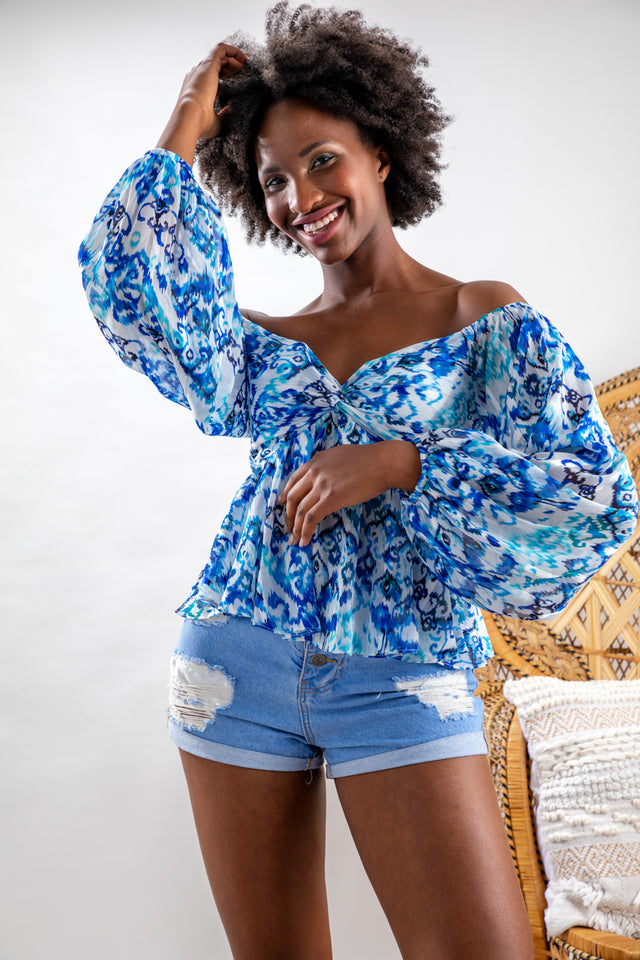 off-shoulder top blue abstract print